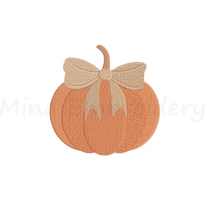 May include: An embroidered orange pumpkin with a tan bow. The pumpkin has vertical lines, and the bow is tied at the top. The image is on a white background. The text "Mind Embroidery" is on the left and right side of the image.