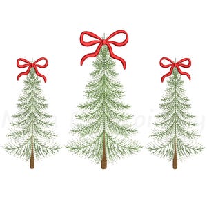 May include: Three embroidered Christmas trees with red bows at the top. The trees are green with brown trunks, set against a white background. The design is simple and festive.