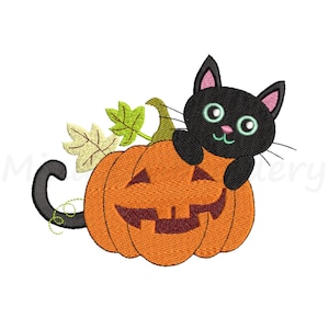 黒猫かぼちゃの刺繍デザイン、ハロウィン刺繍デザイン、機械刺繍デザイン、5サイズ、即時ダウンロード