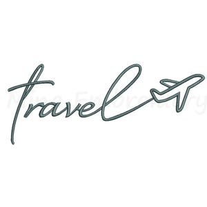 May include: A cursive script design of the word "Travel" with a stylized airplane icon at the end of the word.