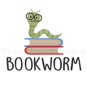 May include: A green cartoon bookworm wearing glasses sits atop a stack of two books. The top book has a blue cover, and the bottom book has a red cover. The word "BOOKWORM" is written in black below the books.