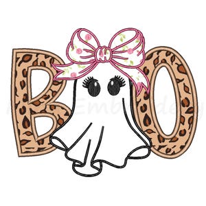May include: A white ghost with large black eyes and eyelashes, wearing a pink floral bow, is centered between the letters "B" and "O". The letters are in a leopard print pattern. The image is on a white background.