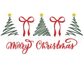 May include: An embroidered Christmas design with green Christmas trees, red bows, and gold stars. The words "Merry Christmas" are written in red script, ideal for festive crafts and decorations.