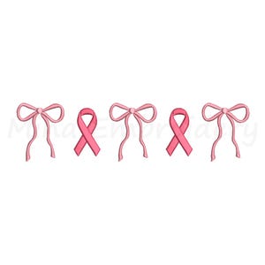 May include: A row of pink ribbon designs, alternating between bow shapes and awareness ribbons. The designs are set against a clean white background, suitable for embroidery or digital art projects.