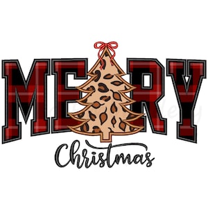 Op de afbeelding: Een kerstafbeelding met de tekst "MERRY" in rood-zwarte blokletters met ruitpatroon en een kerstboom met luipaardprint. Het woord "Christmas" staat eronder in een sierlijk lettertype.