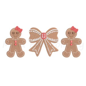 May include: Embroidered gingerbread man and bow designs. The gingerbread people have red bows and buttons. The bow has white details and a red center. The designs are on a white background.