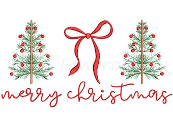 May include: A festive design featuring two Christmas trees with red ornaments, a red bow, and the words "merry christmas" in red script on a white background. Perfect for holiday decor and crafts.