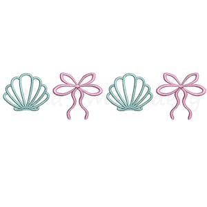 May include: Four embroidery designs featuring a seashell and a bow. The seashells are light blue and the bows are pink.
