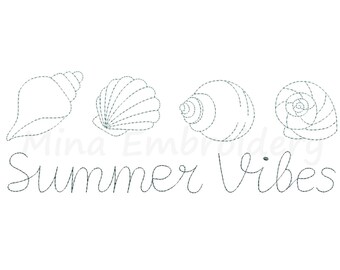 May include: A black and white line drawing of four seashells with the text "Summer Vibes" underneath.