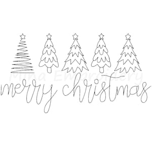Pode incluir: Um desenho a preto e branco de cinco árvores de Natal com estrelas no topo e o texto "merry christmas" por baixo.
