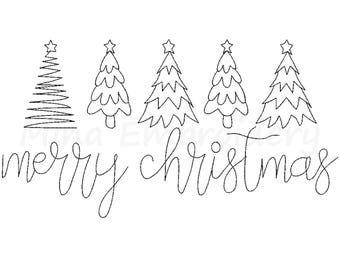Christmas Trees Embroidery Design, Merry Christmas Line Art Embroidery Design, Machine Embroidery Design, 5 Sizes, Instant Download