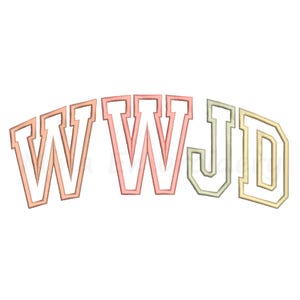 May include: Embroidered design featuring the letters "WWJD" in a curved, collegiate-style font. The letters are outlined in a contrasting color, with a gradient of colors from peach to yellow.