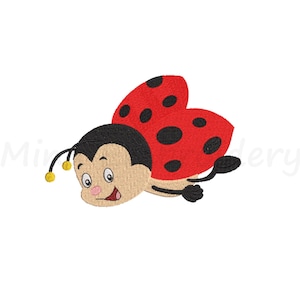 May include: A cartoon ladybug with black eyes, a red body with black spots, and yellow antennae. The ladybug is flying with its wings spread out.