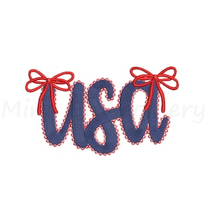 May include: Embroidered design spelling "USA" in navy blue with red lace trim and red bows. The letters are stylized with a decorative font, perfect for patriotic crafts and apparel.