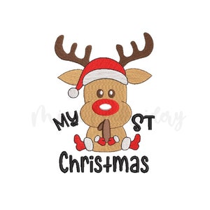 My 1st Christmas Embroidery Design, Baby Reindeer Embroidery Design, Machine Embroidery Design, 4 Sizes, Instant Download