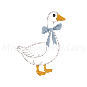 May include: An embroidered design of a white goose with a light blue bow around its neck. The goose has a yellow beak and feet. The design is on a white background. The text "Mir Embroidery" is in the lower left and right corners.