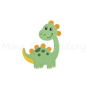 May include: A friendly green dinosaur with orange accents, smiling and facing right. The dinosaur has a long neck, a yellow tail, and a few green spots on its back. The image is a cartoon-style illustration.