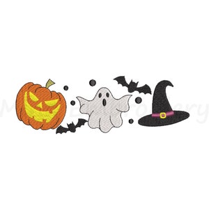 May include: A Halloween themed embroidery design featuring a jack-o-lantern, a ghost, a witch's hat, and bats.