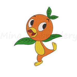 May include: An orange bird character with large eyes, a yellow beak, and green leaves for wings. The bird is standing on one leg and has a yellow body.