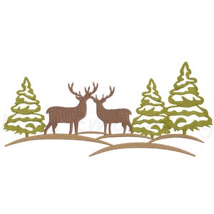 May include: Two brown deer with antlers standing in a snowy forest with green pine trees.