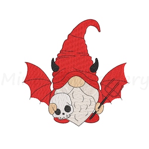 May include: Red devil gnome holding a skull and a pitchfork. The gnome has red wings and horns.