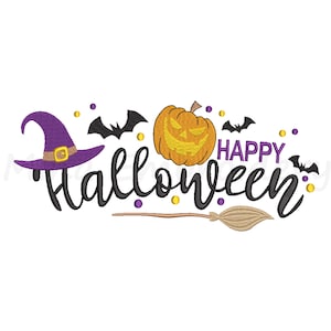 May include: Happy Halloween text with a witch's hat, a jack-o'-lantern, bats, and a broom.