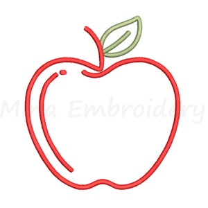 Puede incluir: Una manzana roja con una hoja verde en la parte superior. La manzana está delineada en rojo y la hoja en verde.