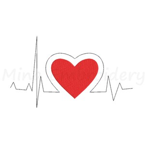 Könnte beinhalten: Ein rotes Herz mit weißem Umriss ist über einer schwarzen und weißen EKG-Linie zentriert. Das Herz ist ein Symbol für Liebe und Leben.