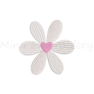 May include: White embroidered flower with a pink heart in the center.