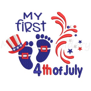 May include: My first 4th of July embroidery design featuring a pair of blue baby footprints, a red, white, and blue Uncle Sam hat, and red fireworks.