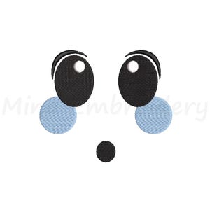 May include: A cartoon face with large black eyes, blue cheeks, and a black mouth in a surprised expression.