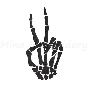 May include: Black embroidered skeleton hand making a peace sign, with the index and middle fingers raised. The design is on a white background. The text "Mina Embroidery" is in the lower left corner.