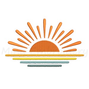 Puede incluir: Una puesta de sol naranja estilizada simple con líneas horizontales amarillas, azules y grises que representan el horizonte.