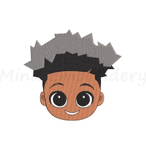 May include: Cartoon illustration of a smiling boy with brown skin, black hair, and gray hair on top. He has large, black eyes.