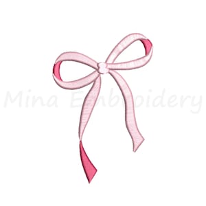May include: A pink satin bow with a center knot. The bow is tied in a simple knot with two long tails.