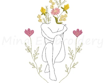 Sitting Woman One Line Embroidery Design, Woman Embroidery Design in Flower, Machine Embroidery Design,  4 Sizes,  Instant Download