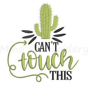 Pode incluir: Um cacto verde com espinhos pretos e uma seta apontando para a esquerda. O texto "Can't touch this" está escrito em letras cursivas pretas.