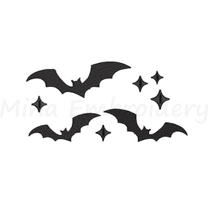 May include: Black silhouette of three bats flying with five white stars in the background. Halloween embroidery design.