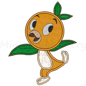 Puede incluir: Personaje de pájaro naranja con hojas verdes, un cuerpo redondo naranja, ojos blancos y un pico marrón. El pájaro está de pie sobre una pierna con la otra pierna levantada.