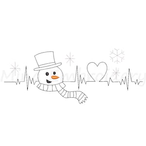 Puede incluir: Ilustración en blanco y negro de línea de arte de un muñeco de nieve con un sombrero y una bufanda con un corazón y copos de nieve. El muñeco de nieve está en medio de una línea de latido del corazón.