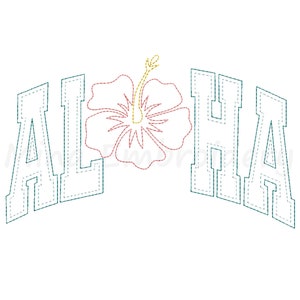 May include: A white background with the word "ALOHA" in green outlined letters with a red hibiscus flower in the center.