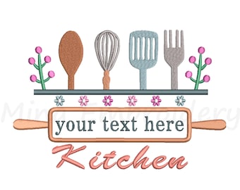 May include: Embroidered design featuring a rolling pin with the text "your text here" and the word "Kitchen" below. The rolling pin is decorated with a row of flowers and a row of kitchen utensils, including a wooden spoon, a whisk, a spatula, and a fork.
