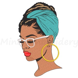 May include: A digital illustration of a woman with brown skin wearing a teal headscarf, white glasses, and large gold hoop earrings. Her eyes are closed and she is looking down.