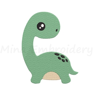 May include: A green cartoon dinosaur with large eyes and black spots on its back. The dinosaur has a long neck and a small tail.
