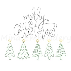 Op de afbeelding: Een zwart-wit borduurontwerp met de tekst "merry christmas" en vijf groene kerstboom met gouden sterren bovenop.