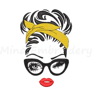 Cool Woman Face Embroidery Design, Woman With Glasses Embroidery Design, Machine Embroidery Design, 5 Sizes, Instant Download