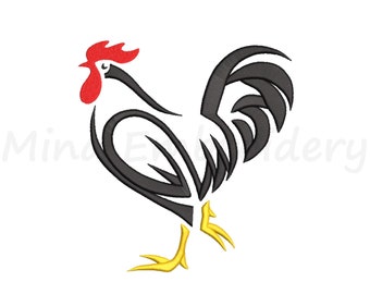 May include: A stylized black rooster with a red comb and yellow feet. The rooster is facing right and has a large tail.