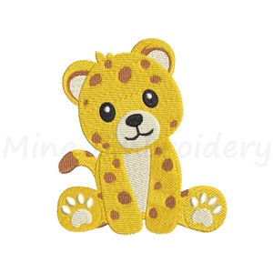 May include: A yellow and brown cartoon cheetah with black eyes and a white nose sitting on its hind legs with its tail curled behind it. The cheetah has brown spots on its fur.