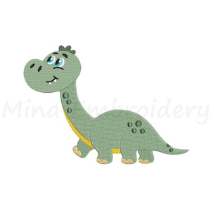 May include: A green cartoon dinosaur with yellow accents and blue eyes. The dinosaur is walking and looking to the left.