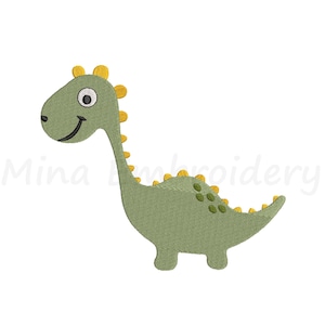 May include: A green dinosaur embroidery design with yellow accents. The dinosaur has a long neck, a smiling face, and a row of yellow spikes down its back. The text "Mina Embroidery" is in the lower left corner.